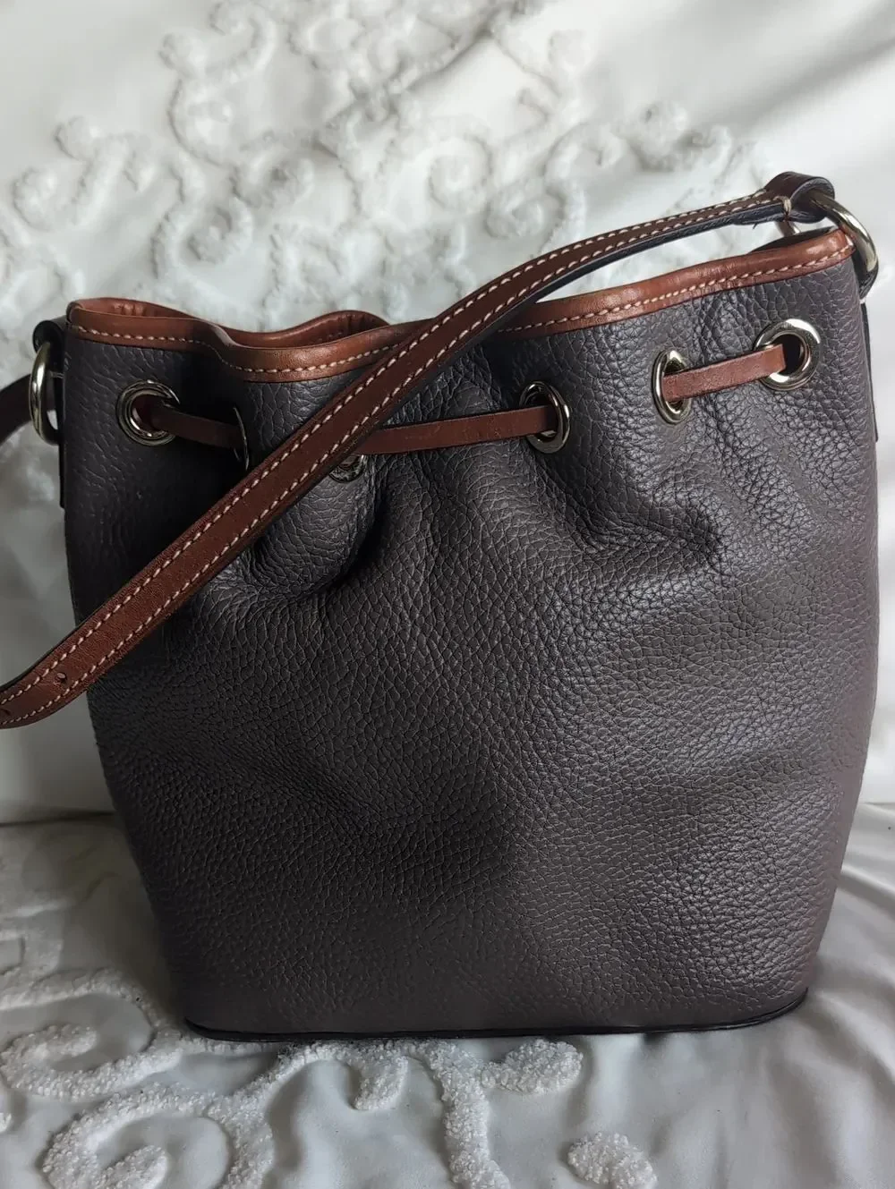 Dooney & Bourke Tasseled Leather Drwstring Bucket Shoulder Bag Taupe/British Tan
